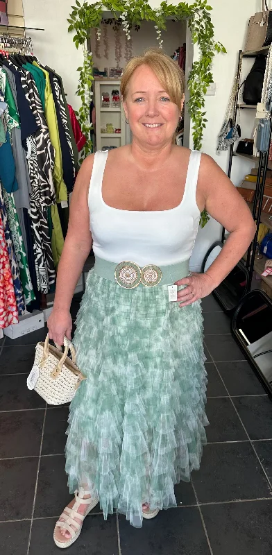 Green & white layered skirt leather skirt bold