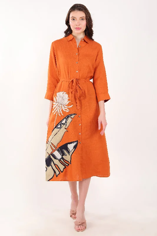 Orange Palm Leaf Embroidered Dress Tunics Stylish elegant