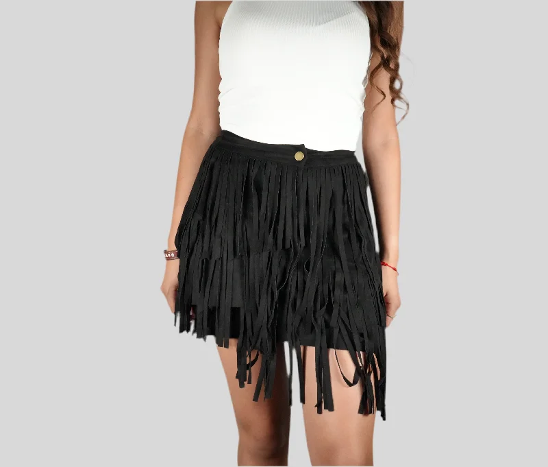 Blue B Women's Suede Fringe Skirt Black linen skirt airy