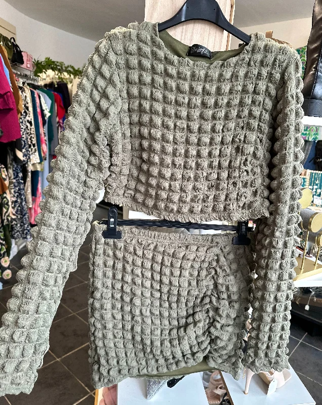 Khaki bubble texture long sleeve top & ruched front mini skirt two piece corduroy skirt durable