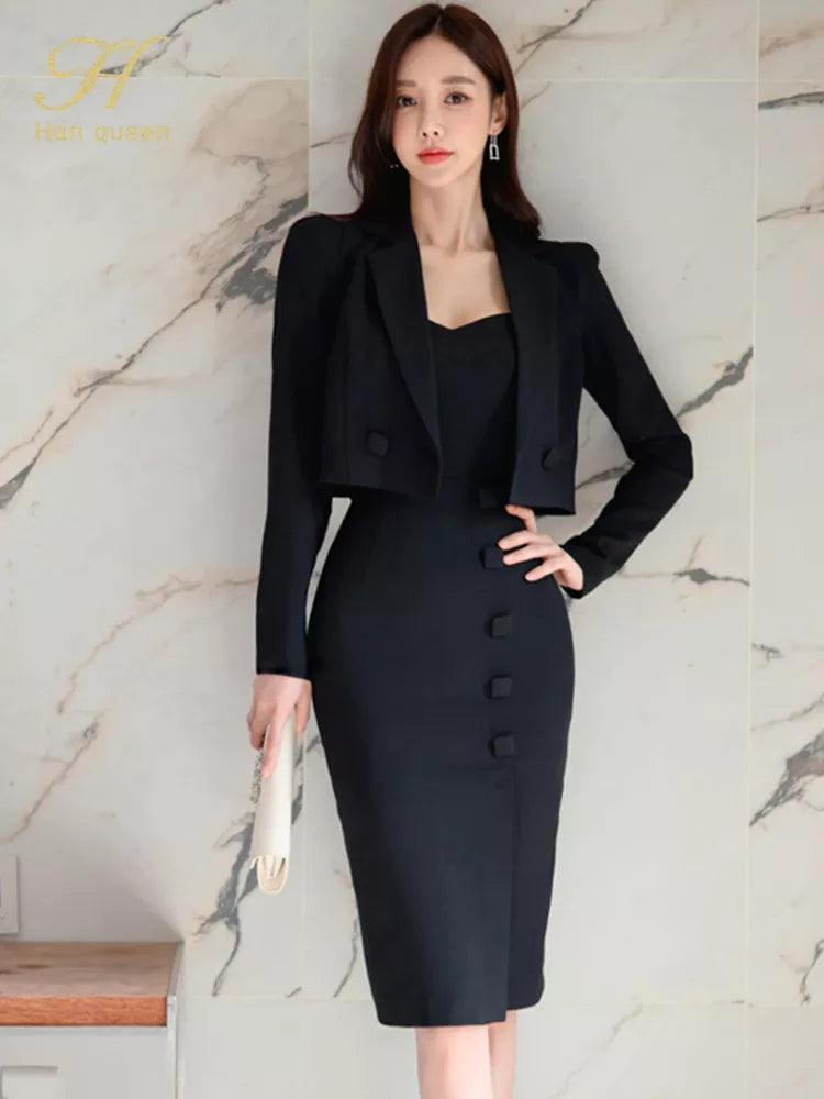 Bonnyshow  Queen Summer Vestidos Korean 2 Pieces Suit Coat And Suspenders Fashion Professional Dress Women Sheath Pencil Dresses Hooded Jacket Zipper Jacket Button Jacket