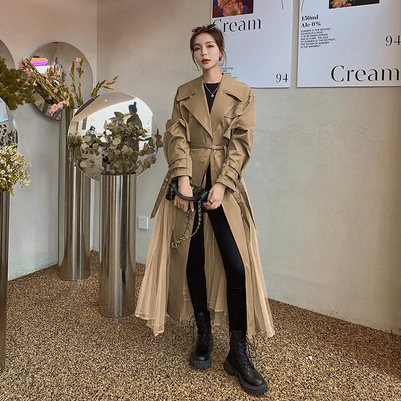 Designed Long Spring Coats for Women Tie-Waist Belted Drawstring
