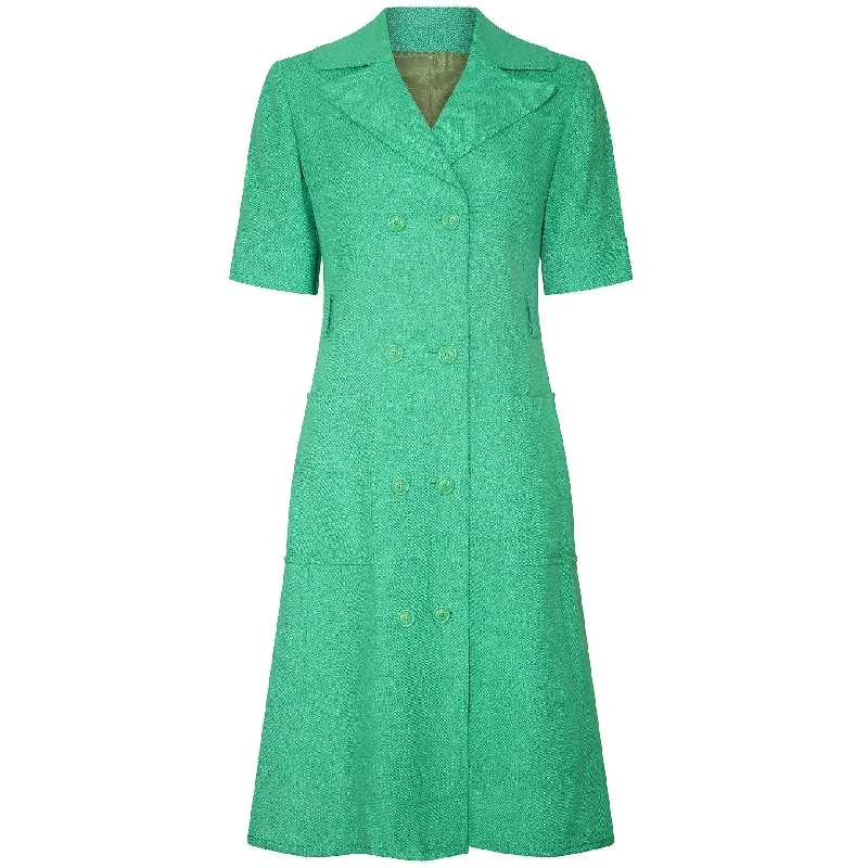 1970s Ted Lapidus Green Linen Coat Dress Asymmetrical Diagonal princess