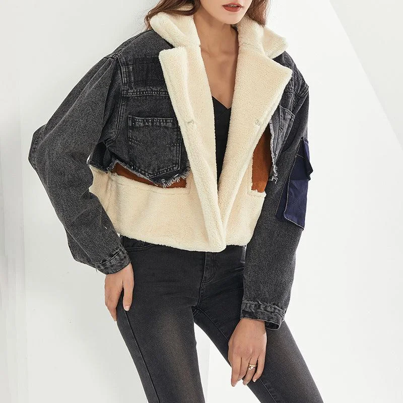 Fashion Stitching Loose Thick Casual Denim Lamb Wool Short Coat Hook-and-Loop Buckled Tied