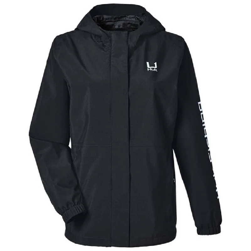 HUK Women's Black Storm Rain Jacket Front Pockets Side Pockets Patch Pockets
