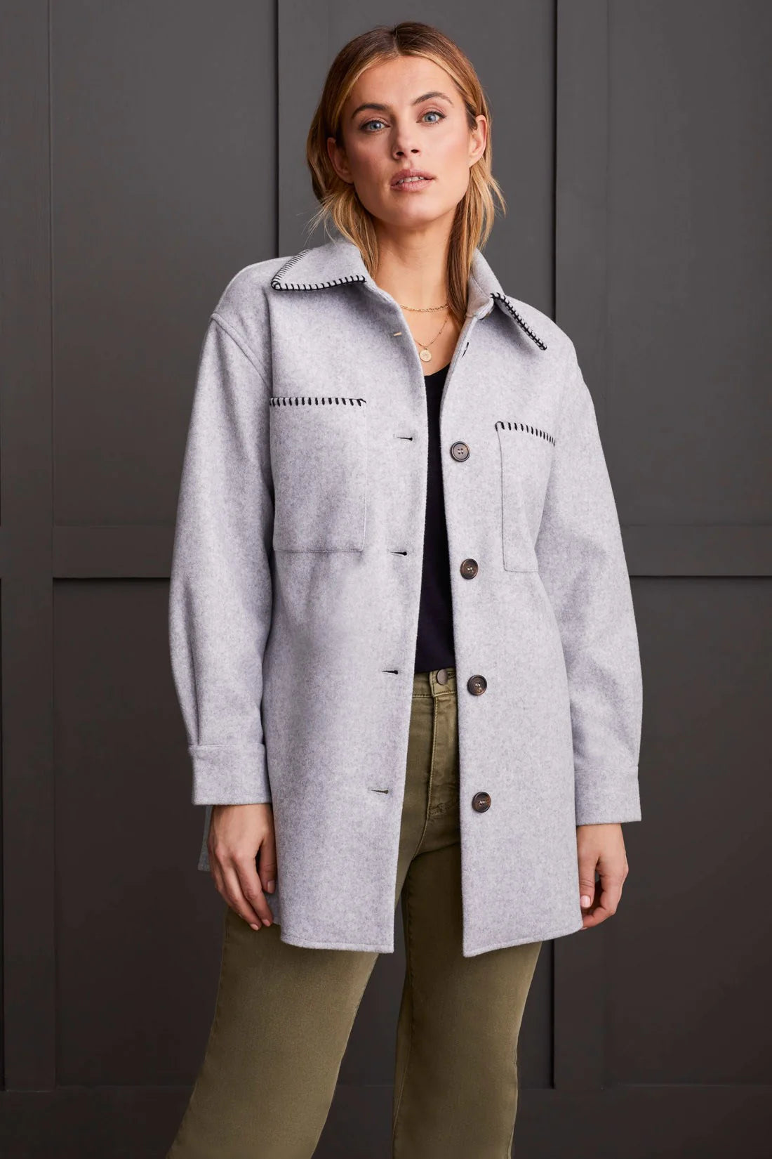 Long Sleeve Button Front Coat [Grey Mix-1864O] Toggle Coat Shawl Collar Coat Notch Collar Coat