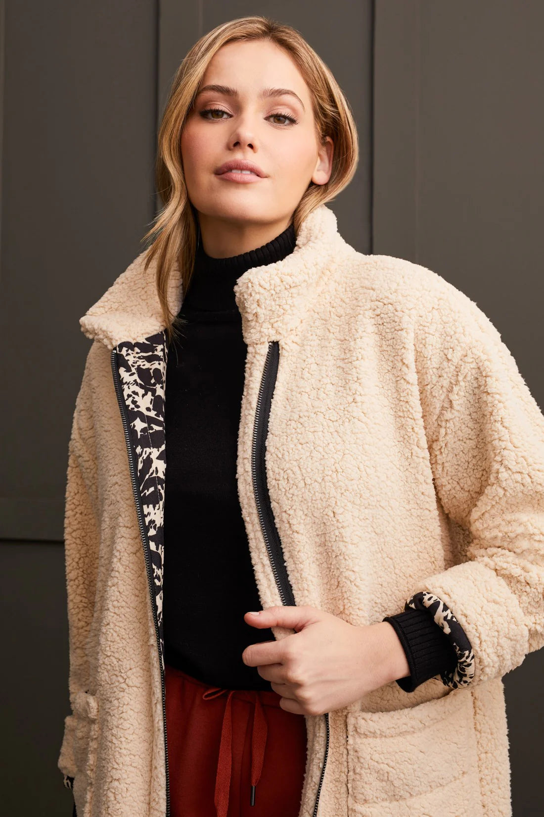 Printed Lined Zip Up Coat [Moonstone-1486O] Boat Neck Jacket Square Neck Jacket One-Shoulder Jacket