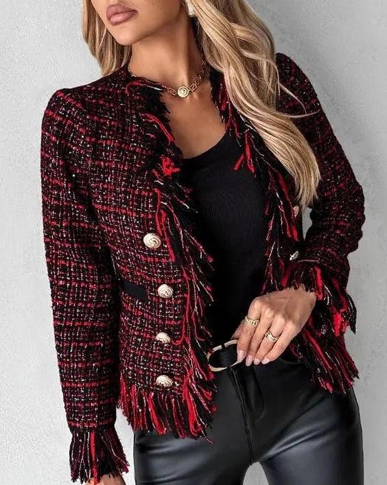 Tassel Design Buttoned Tweed Coat Cotton Linen Terry