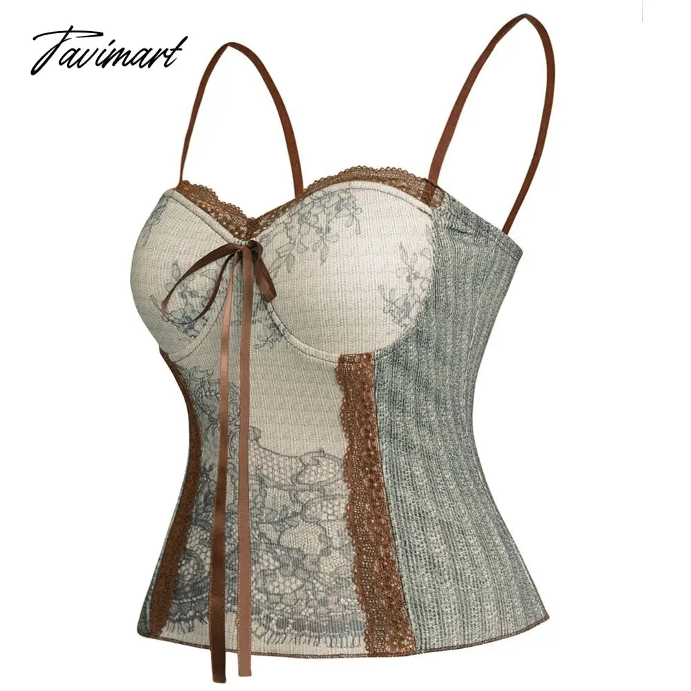 Tavimart Dressfo Flower Print Women's Tops Summer Spaghetti Strap Tie Knot Lace Trim Padded Vintage Tank Top For Female Sleeveless Vest vintage tank top