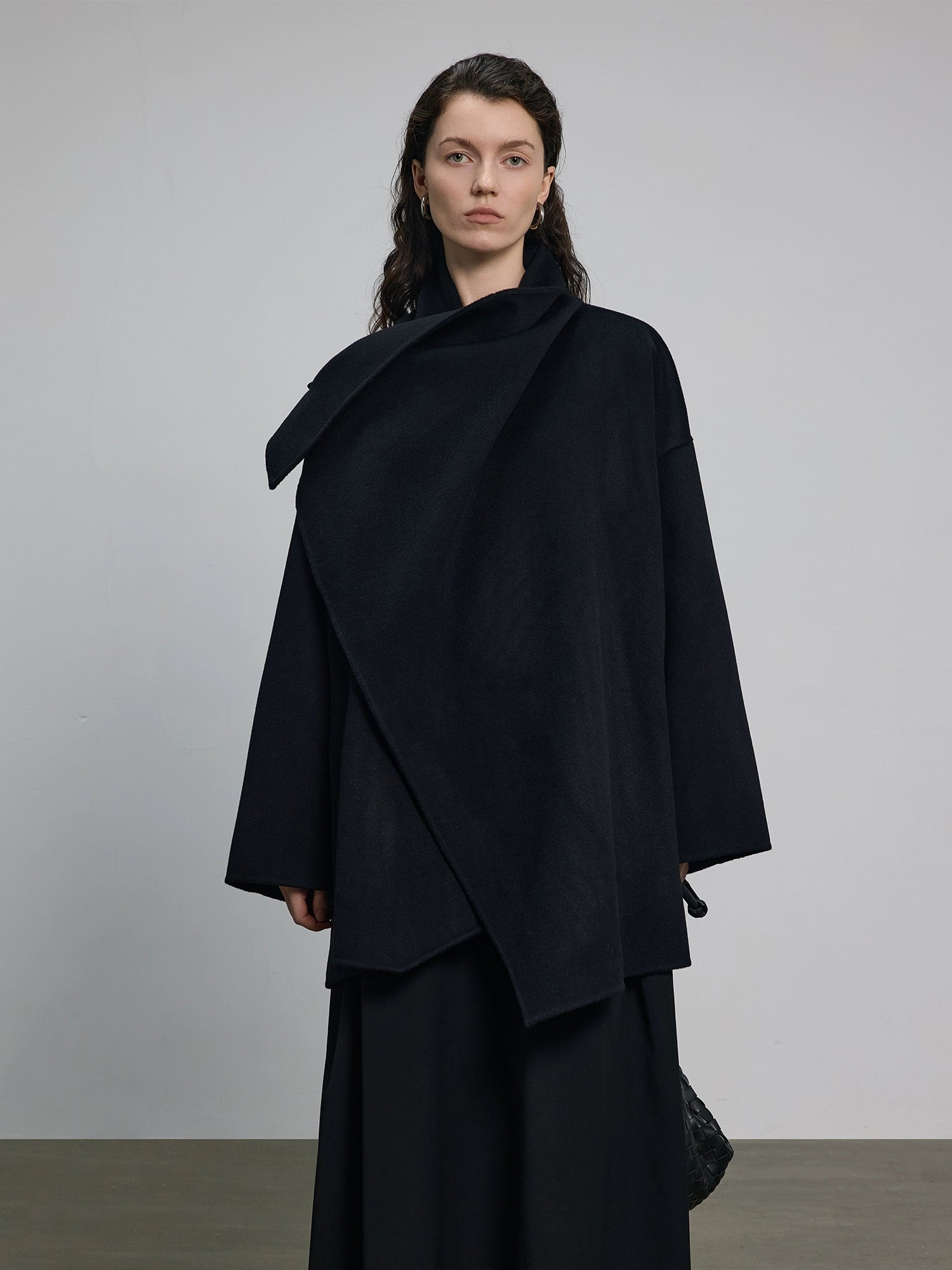 Wool Double-Faced Coat Square Neck One-Shoulder Off-the-Shoulder