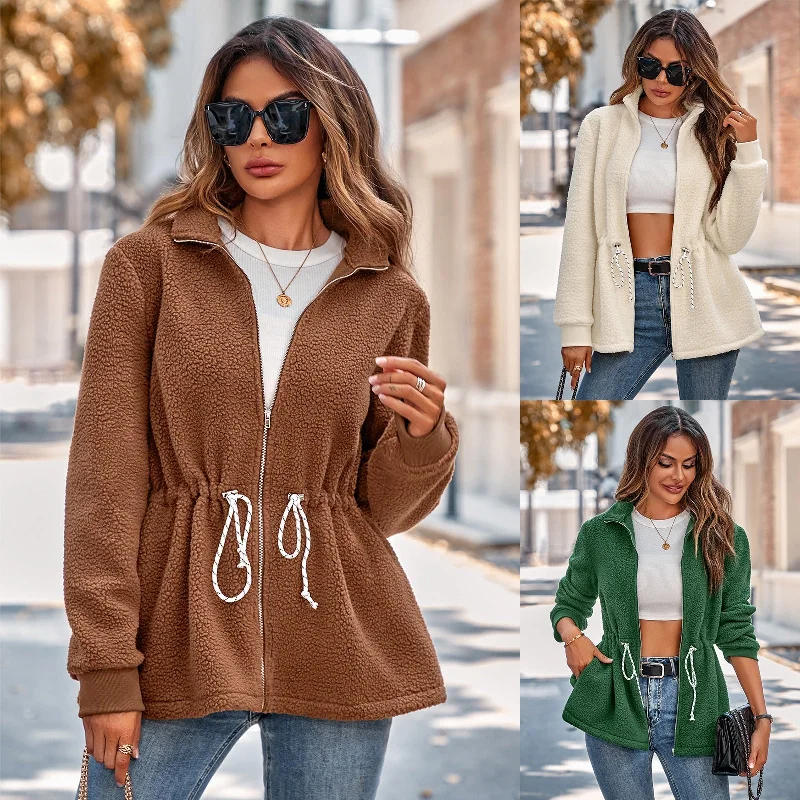 Casual Stand Collar Long Sleeves Velvet Coats Solid Print Jacquard