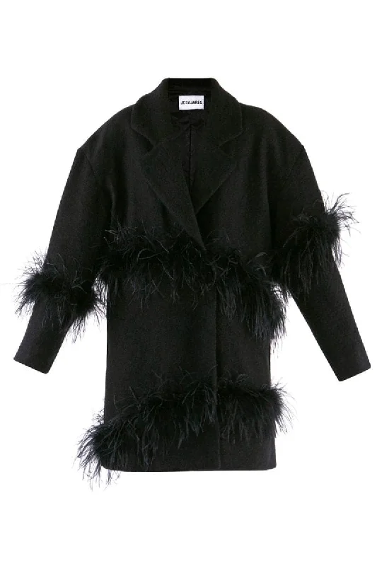 OVERSIZED BLACK FEATHER-TRIMMED COAT Satin Silk Chiffon