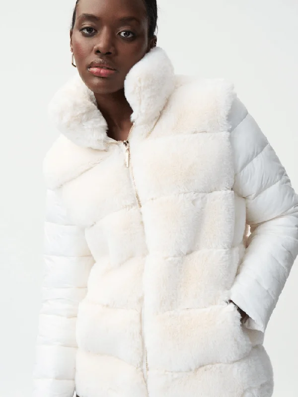 Joseph Ribkoff T Winter White Faux Fur Padded Coat 224909 1761 Pleated Ruffled tiered