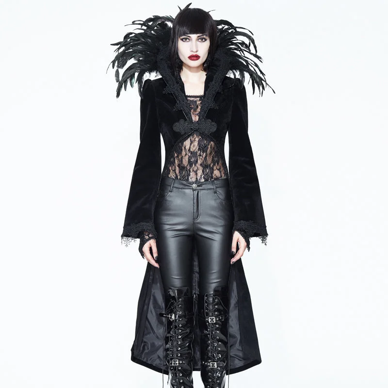 ECT004 Festival short front long back feather stand collar velveteen gothic women black long coat Tailored Straight A-Line