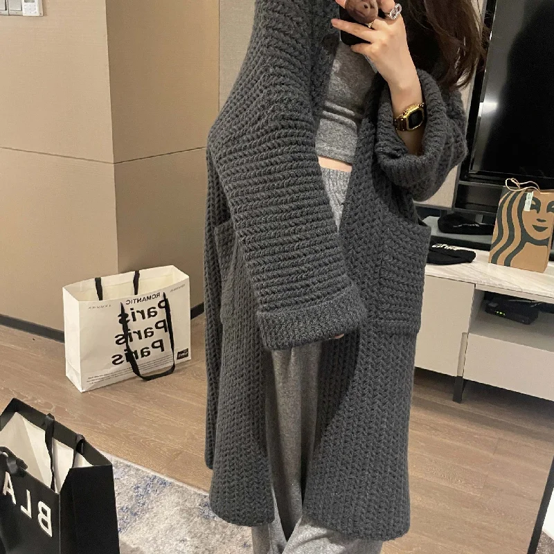 Casual Knitted Midi Length Top Coats Turtleneck Jacket Crew Neck Jacket V-Neck Jacket
