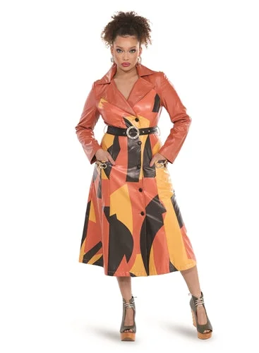 Love The Queen 17576 Faux Leather Coat Dress with Belt Trench Wool Cashmere