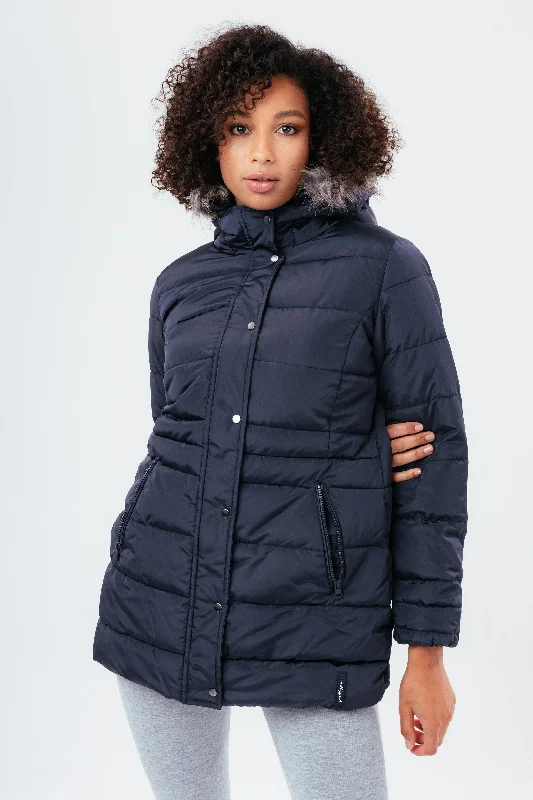 Hype Navy Mid Length Women'S Padded Coat With Fur empire Basque Peplum