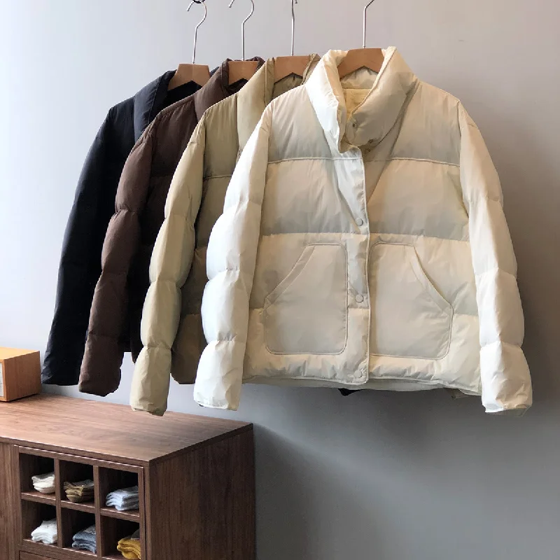 Winter Stand Collar Warm Cotton Short Coats for Women Buttoned Zippered Snapped