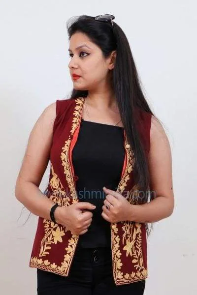 Attractive Maroon Colour Waist Coat With Kashmiri Embroidery Smarten Up Your Personality. empire Basque Peplum
