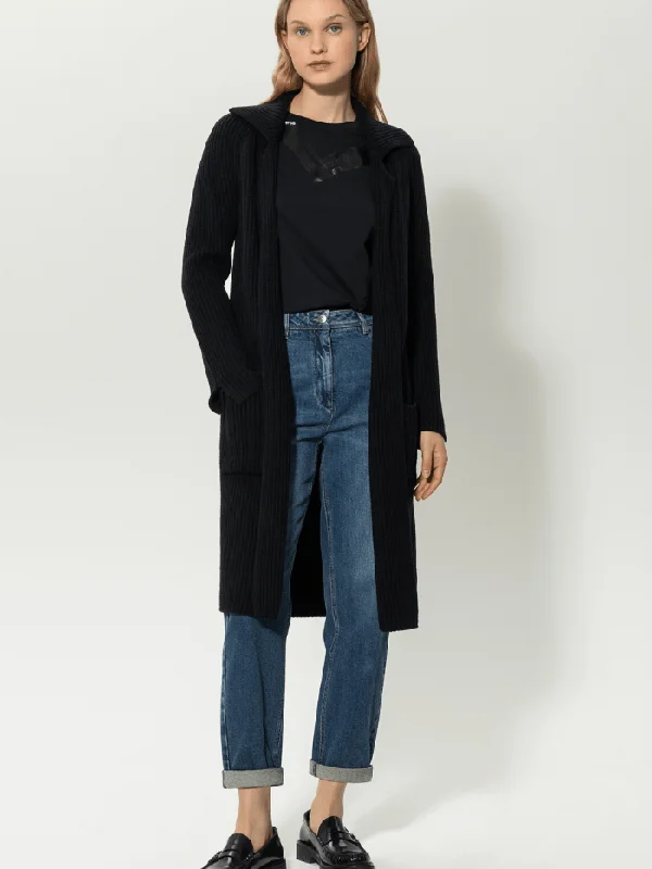 Luisa Cerano Black Long Wool Blend Coat 488326 5879 Herringbone Houndstooth Plaid