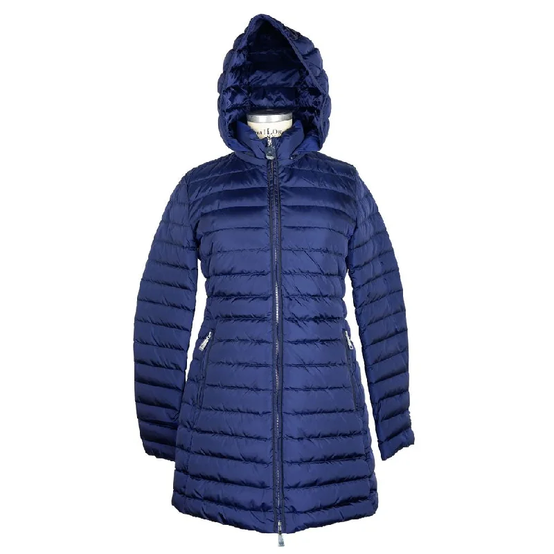 Elegant Blue Down Puffer Jacket With Hood Belted Jacket Elasticated Jacket Padded Jacket