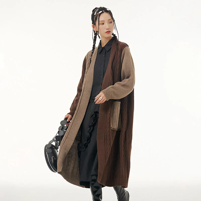 Vintage Contrast Design Long Knitted Coats Jersey Tulle Batik