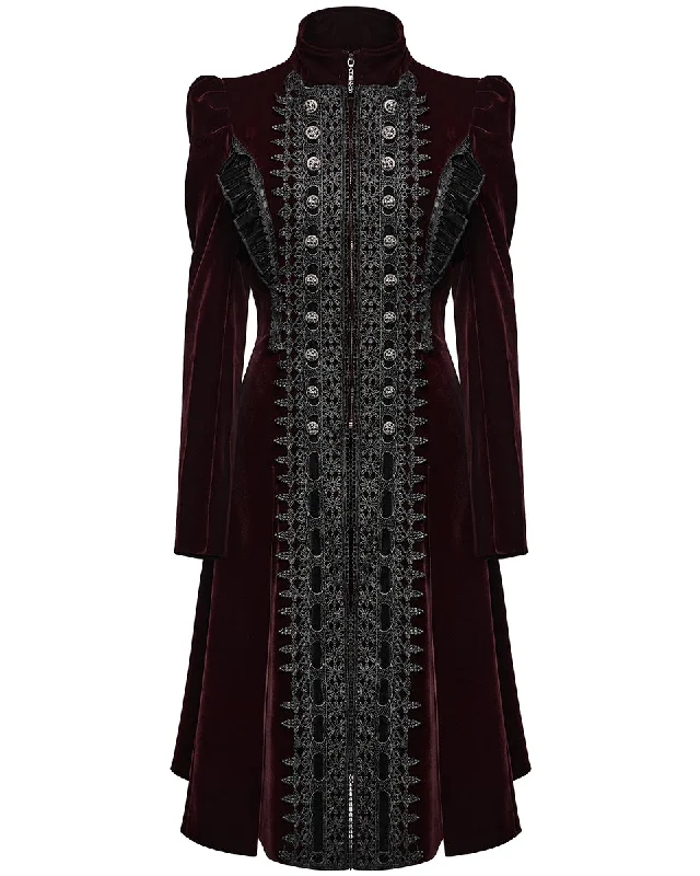 Punk Rave Womens Gothic Velvet Embellished Mid Length Military Coat - Red Wool Cashmere Tweed
