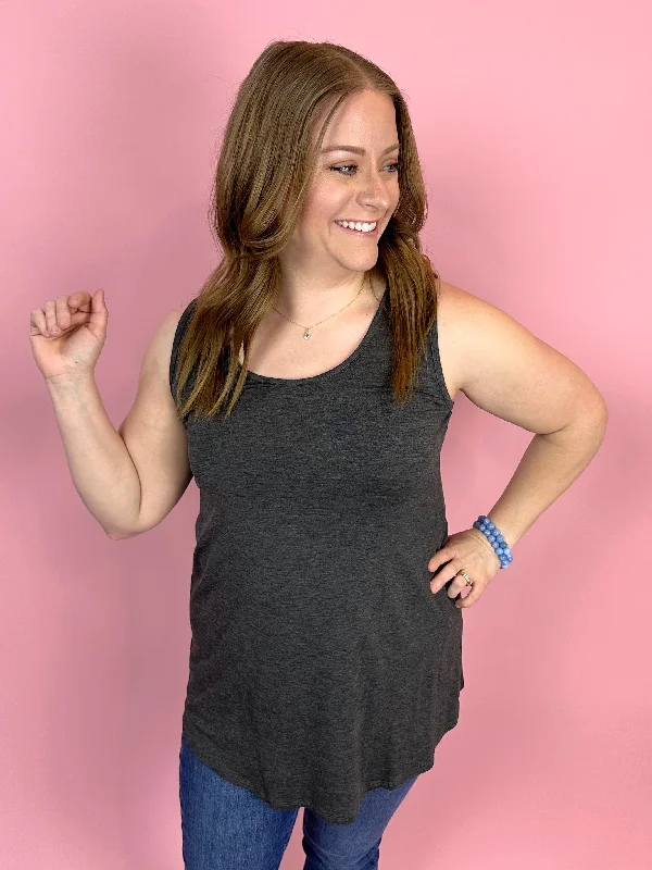 Charcoal Solid Knit Sleeveless Tank Top one shoulder tank