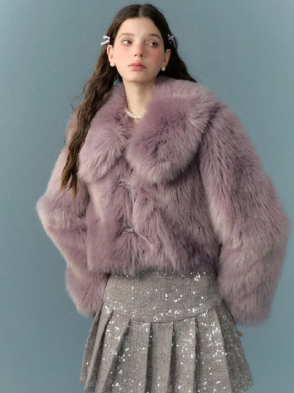 Leather Bow Fur Short Coat Chenille Brocade Lace