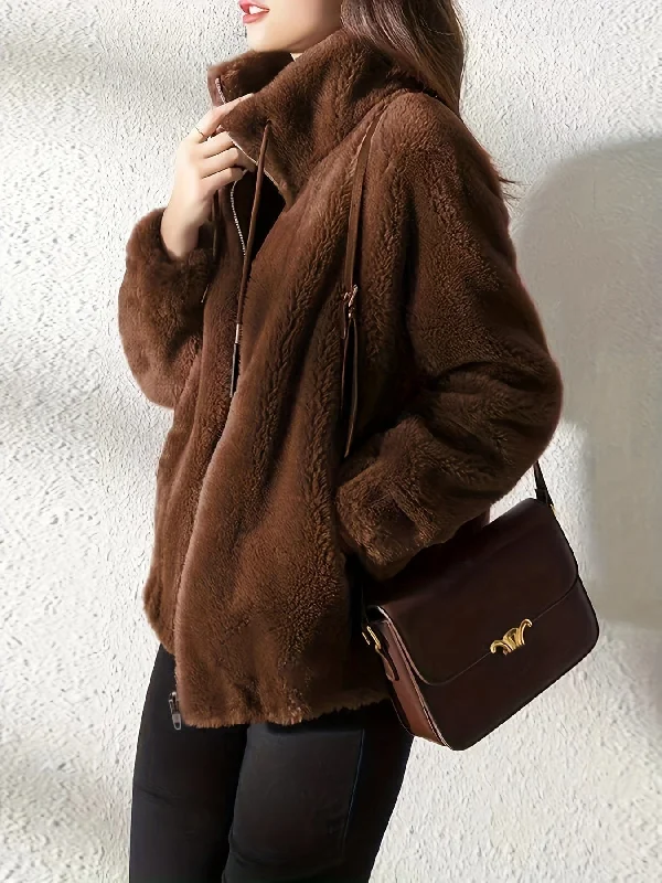 Warm Plush Zip-Up Coat Boat Shawl Notched