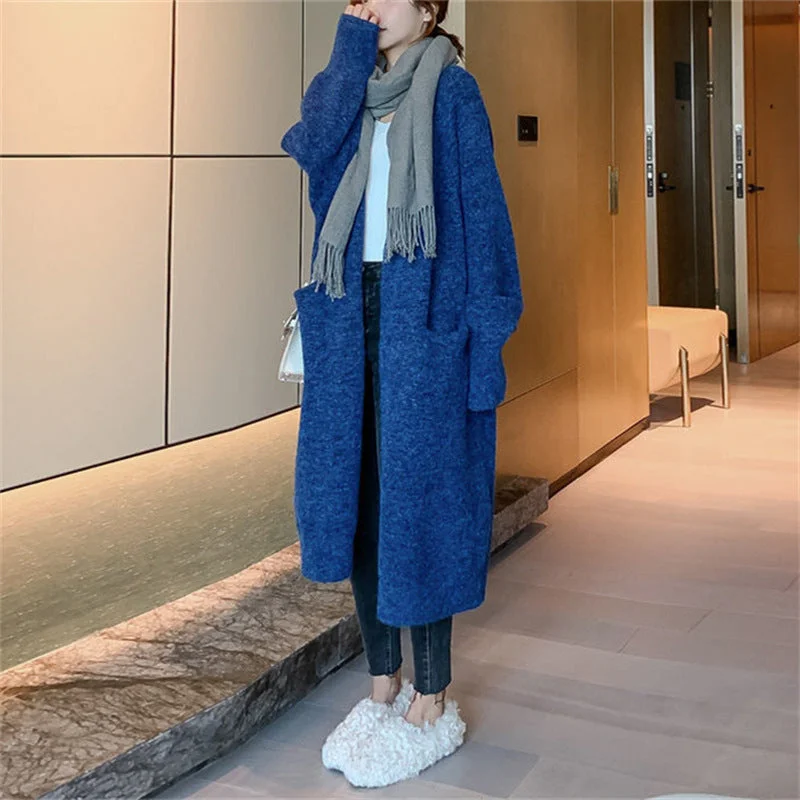 Casual Winter Long Knitted Coats for Girls Square Neck One-Shoulder Off-the-Shoulder
