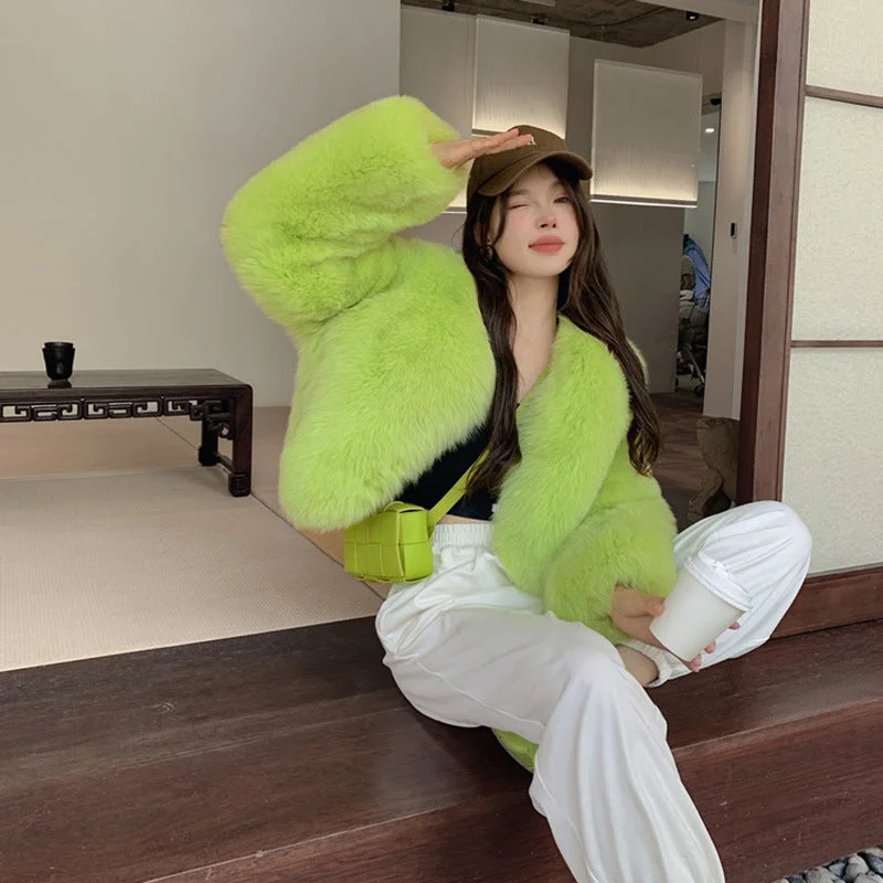 Designed Faux Fox Fur Warm Short Coats Satin Silk Chiffon