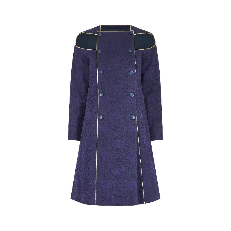 1980s Paco Rabanne Haute Couture Navy Cut-out Coat Dress with Gold Lame Trim Striped Polka Dot Floral