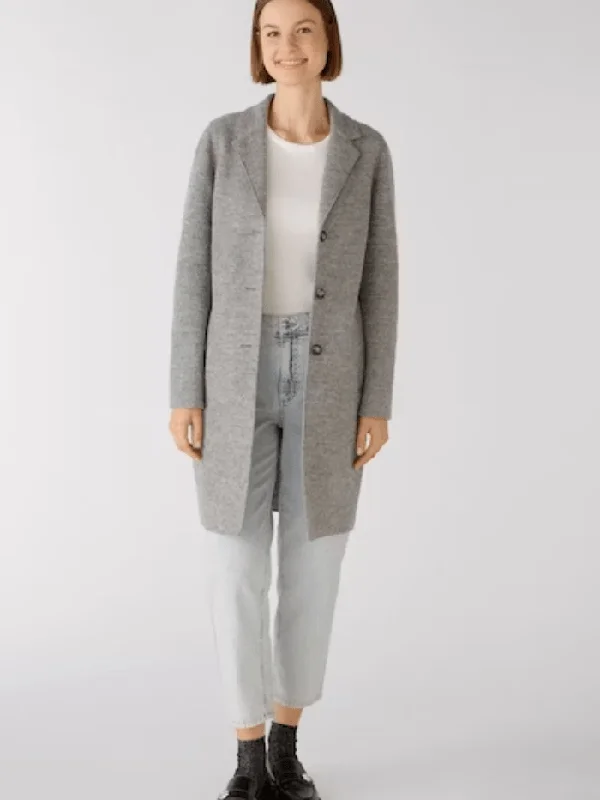 Oui Women's Mayson Coat Boiled Wool - Pure New Wool in Grey 79918 9507 Embroidered Appliqued Beaded