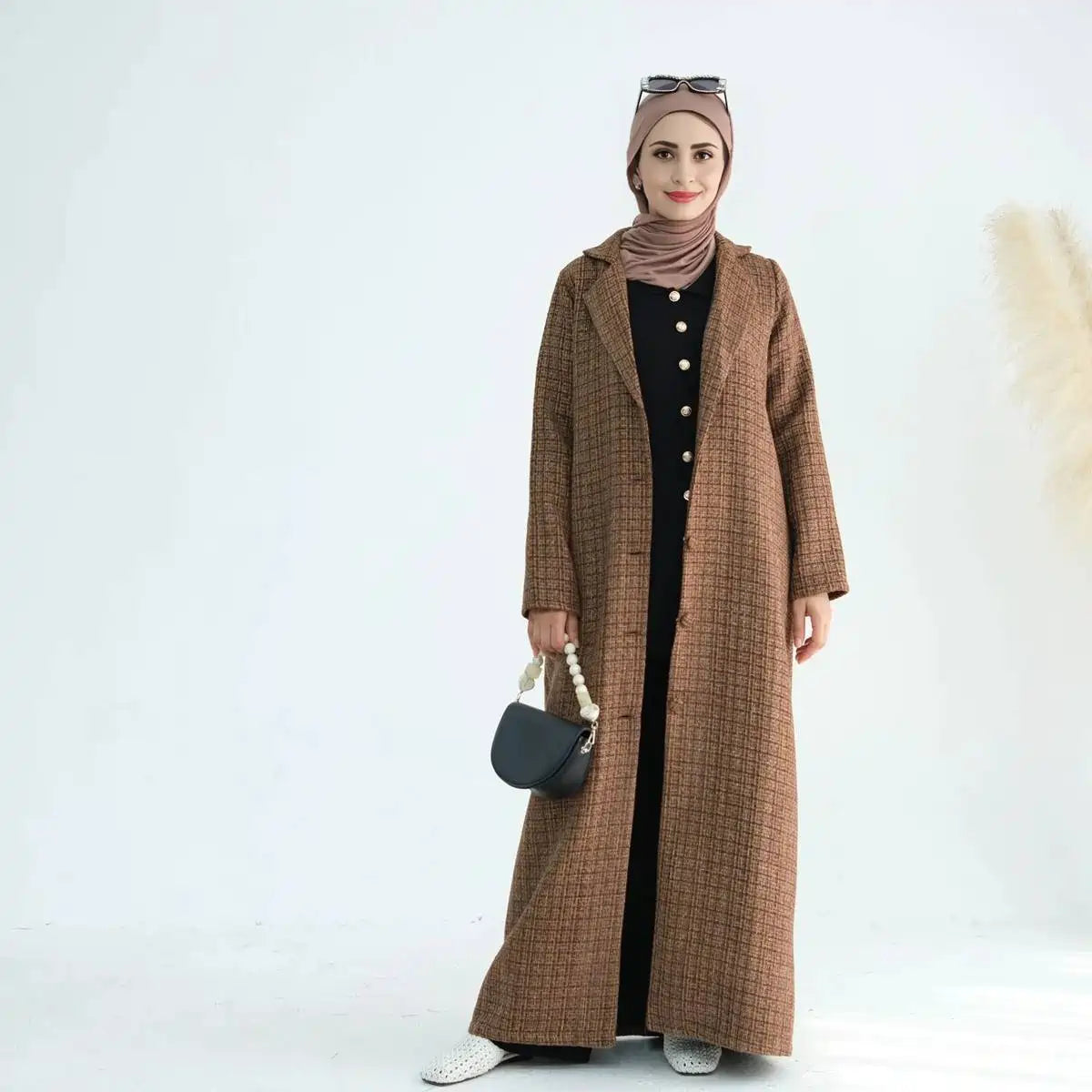 Winter Fall Tweed Thick Open Abaya Dress Coat #24914 Toggle Coat Shawl Collar Coat Notch Collar Coat