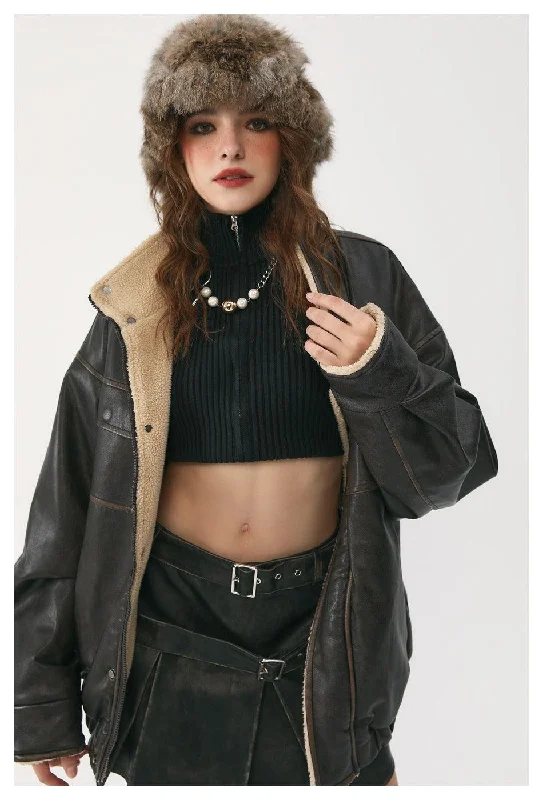 Winter Coat PU Leather Coat with Lamb Wool Lining Collared Crew Neck Turtle Neck