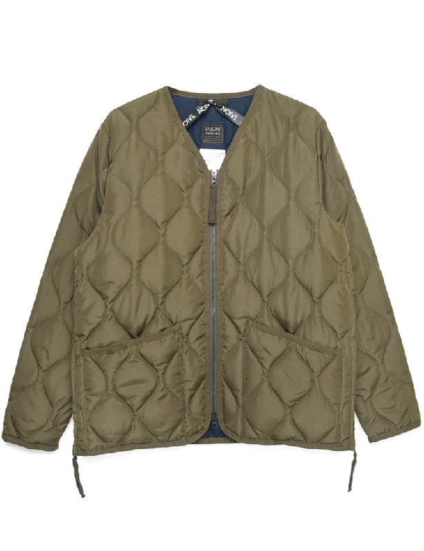 Taion Military Zip V Neck Jacket Dark Olive A-Line Jacket Boat Neck Shawl Collar
