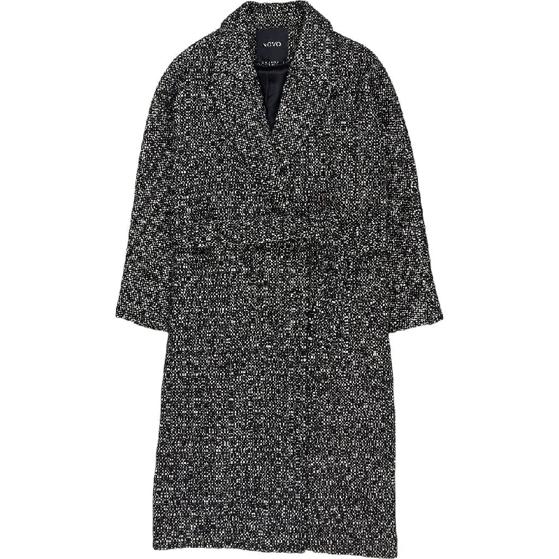 Novo Black Wool Blend Belted Coat Plaid Tartan Floral