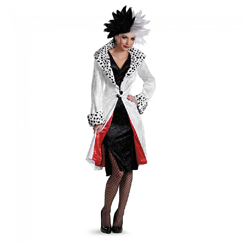 Cruella De Vil Costume Coat Dress Women's Prestige 101 Dalmations Outfit Suede Faux Fur Shearling