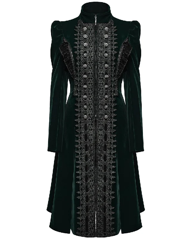Punk Rave Womens Gothic Velvet Embellished Mid Length Military Coat - Bottle Green Denim Leather Suede