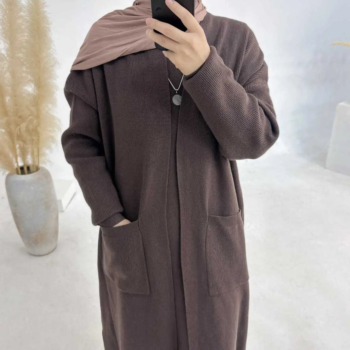 Winter Thick Knitted Abaya Coat And Inner Vest Abaya Dress Turtleneck Jacket Crew Neck Jacket V-Neck Jacket