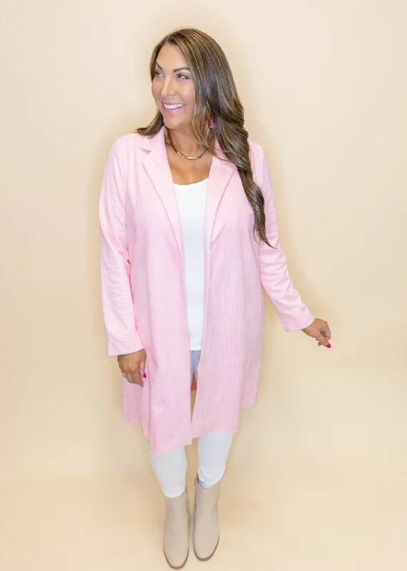 Pink Open Front Long Coat Suede Jacket Faux Fur Jacket Puffer Jacket