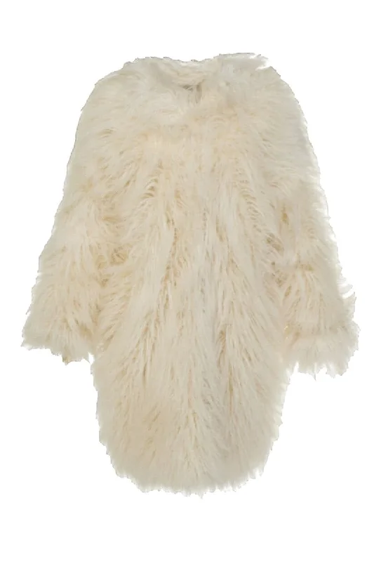 FLUFFY CREAM FAUX FUR COAT Nylon Polyester Spandex
