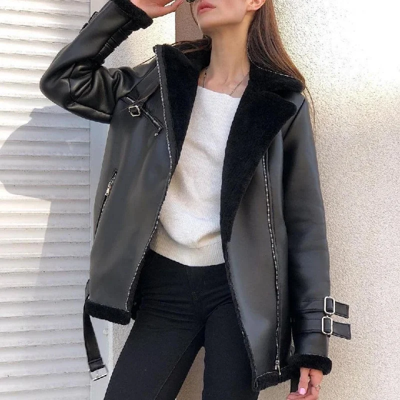 European and American Suede Lapel Zipper Coat Asymmetrical Diagonal princess