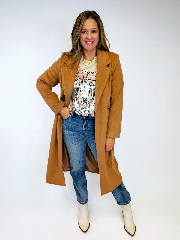 COLLARED LONG COAT W/TIE - CAMEL Faux Fur Real Fur Shearling