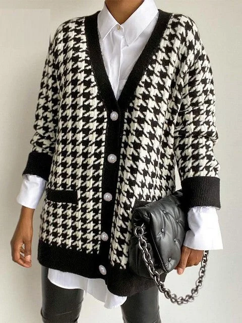 AshoreshopV Neck Women Vintage Black Houndstooth Cardigan 2023 Open Front Closed Front Wrap Front