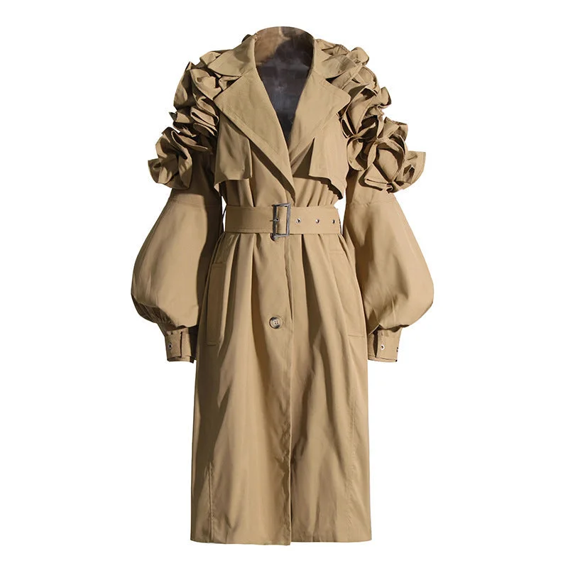 Designed Ruffled Long Sleeves Women Wind Break Coats Hook-and-Loop Buckled Tied