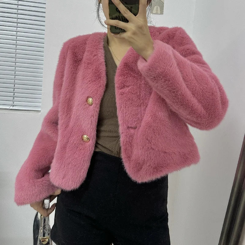 Fashion V Neck Faux Fur Short Coats Bomber Jacket Denim Jacket Leather Jacket