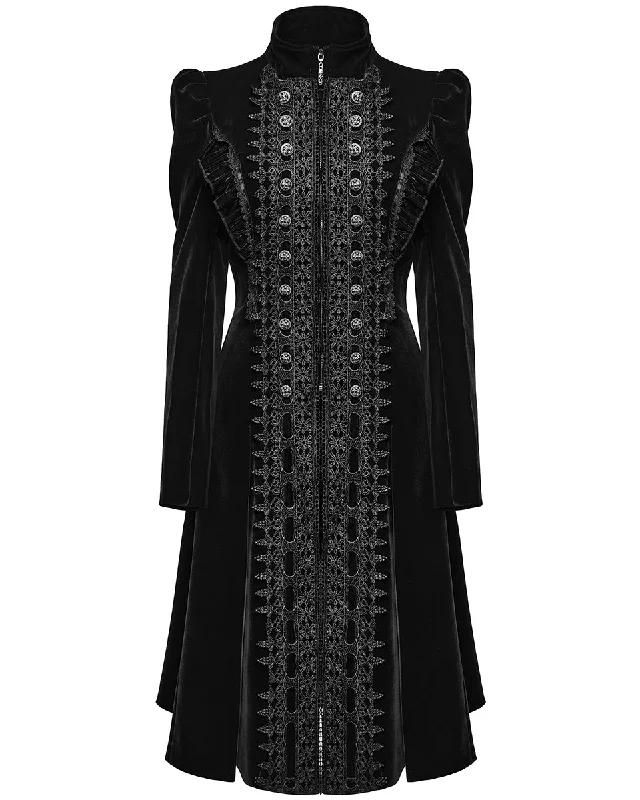Punk Rave Womens Gothic Velvet Embellished Mid Length Military Coat - Black Faux Fur Real Fur Shearling