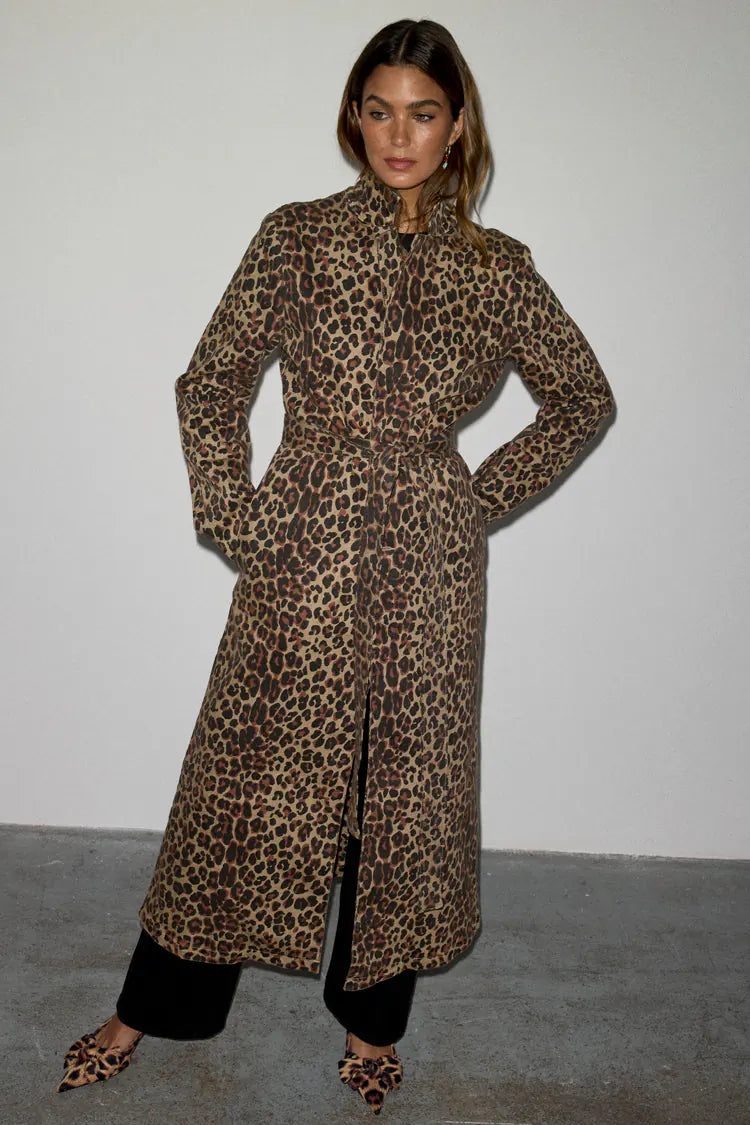 Never Fully Dressed Lucia Denim 55 Coat - Leopard Hooded Caped Scarf